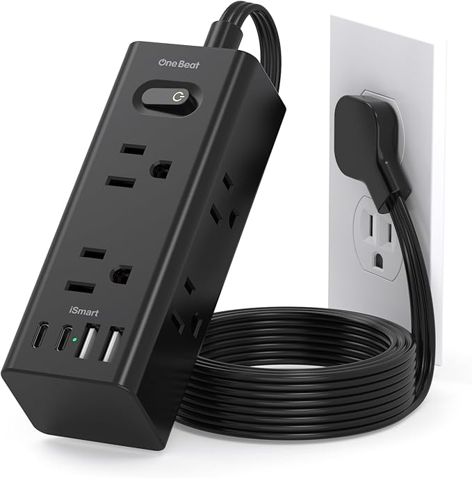 5Ft Extension Cord with Multiple Outlets, Flat Plug Power Strip Surge Protector with 5 Ft Long Cord, 6 Outlet 4 USB Ports (2 USB C), Multi Outlet Wall Plug for College, Dorm Room Essentials(Black)