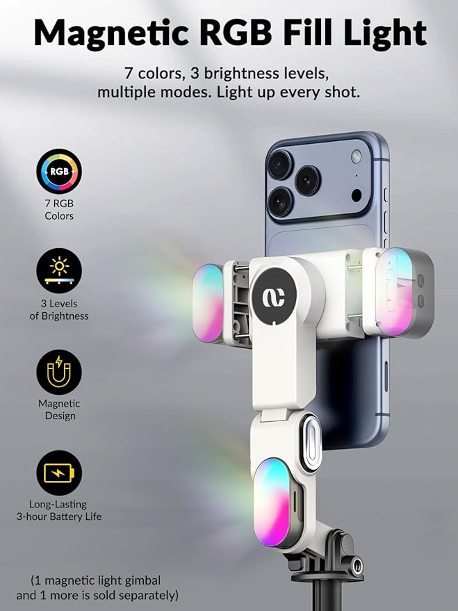 AOCHUAN 70.9” Auto-Open 4-in-1 Smartphone Gimbal for iPhone & Android, AI Face Tracking Phone Stabilizer(No App Needed) w/Magnetic Remote, 360° Rotating Gimbal, RGB Light& Built-in Tripod, M3Pro White