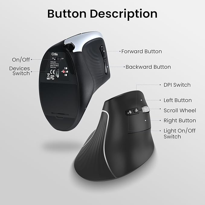 CITLLA Wireless Ergonomic Vertical Mouse, Rechargeable Tri-Mode (Dual Bluetooth + 2.4G USB) Optical Mouse with Adjustable RGB Lighting, Multi-Device Control for Laptop, PC, Mac, iPad, Desktop (Black)