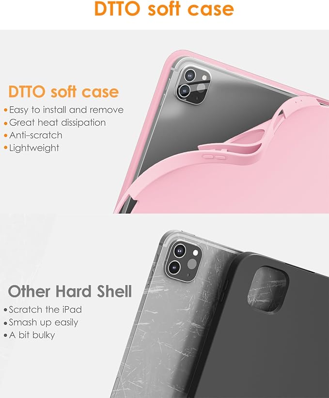 DTTO for iPad Pro 11 inch 4th/3rd/2nd/1st Generation 2022/2021/2020/2018 Case, Smart Slim Trifold Stand Soft TPU Back Cover with Built-in Pencil Holder, Also Fit iPad Air 5/4,Pink