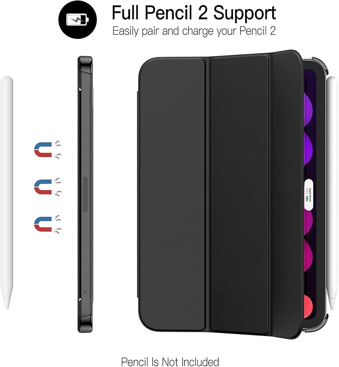 JETech Case for iPad mini (A17 Pro, 2024 Model, 7th Generation) / mini 6 (2021 Model, 6th Generation), Slim Stand Hard Back Shell Smart Cover with Auto Wake/Sleep (Black)