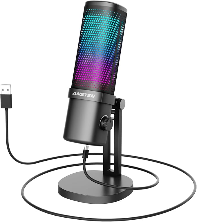 ANSTEN Gaming Mic, USB Condenser Microphone for PC/PS4/PS5/ Mac, RGB, Mute Touch, Pop Filter, Gain Knob, Monitoring for Streaming Podcast