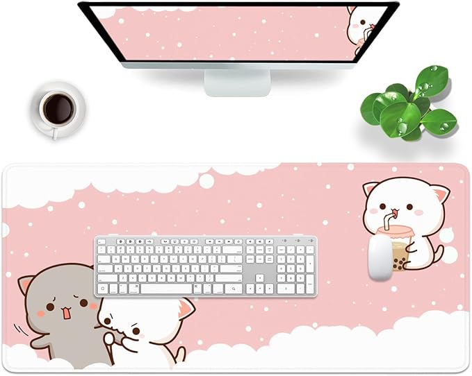 Pink Large Gaming Mouse Pad Cat Desk Pad XXL Cute Mouse Mat 35x15.7x0.12 inch Desk Accessories Kawaii Keyboard Pad (Pink -6)
