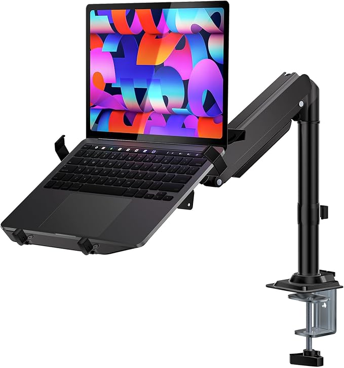 WALI Laptop Desk Mount for 15.6 inch Notebook, Fully Adjustable Single Monitor Arm with Laptop Holder for 32 inch Screen, Laptops Stand with Ventilated Tray, Up to 22 Lbs, (GSDM00LP), Black