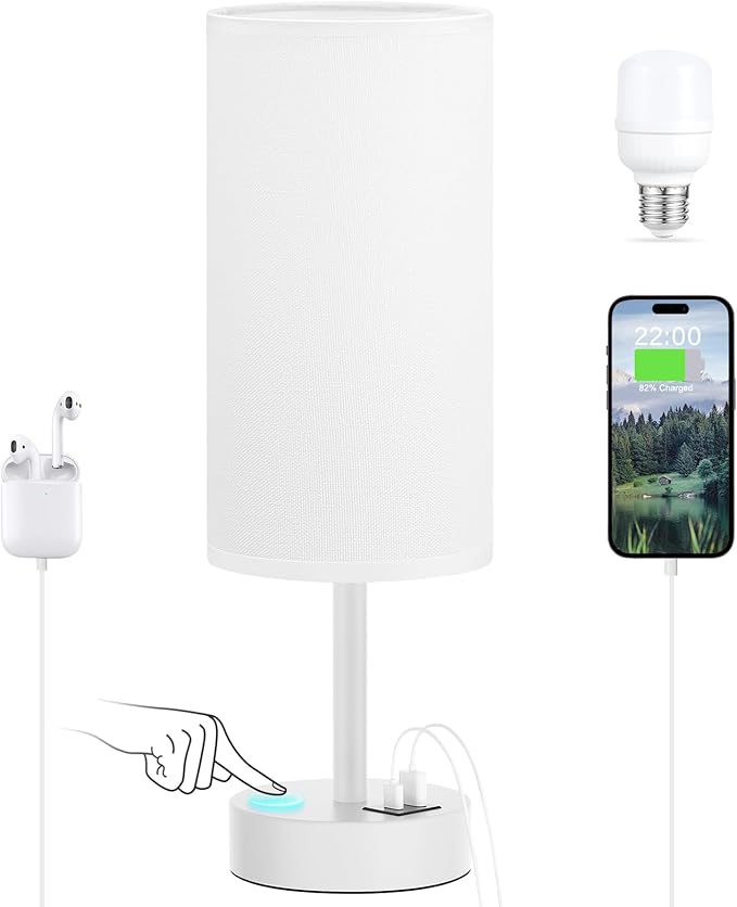 Dicoool White Touch Bedside Lamp for Bedroom - 3 Way Dimmable Table Lamp with USB, Nightstand Lamp with White Charging Station for Desk Dorm, Girl Kids Room, Small