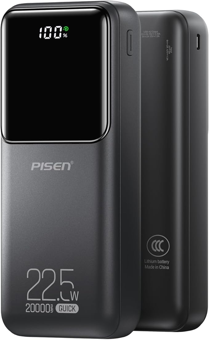 PISEN CCC Certified Power Bank - 20000mAh 22.5W 3C Power Bank, Travel Battery Pack Portable 3C Charger, PD3.0 QC3.0 20000mAh LED Display Portable Charger 2USB-A, 1USB-C for iPhone, Samsung and More