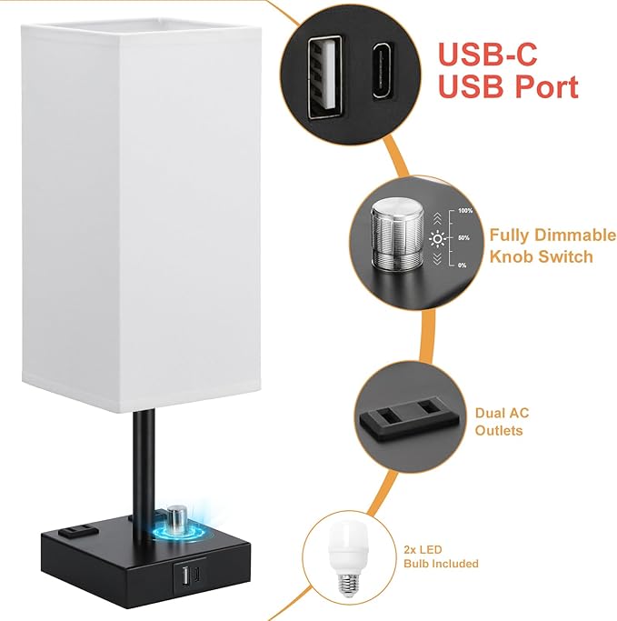 aooshine White Fully Dimmable Nightstand Lamps Set of 2 - Table Bedside Lamp with USB C+A Charging Ports & 2 AC Outlets, Square Lamp Sets Linen Fabric Shade for Bedroom Living Room(Bulb Included)