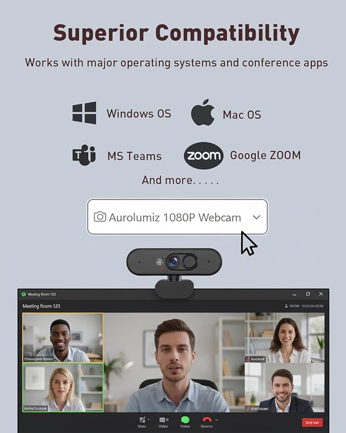 Webcam 1080P FHD with Mute and Cover Dual Privacy Protection, Dual Microphone, Natural Image, Extendable Tripod, for PC, Laptop, Zoom, Teams, Windows, MacOS