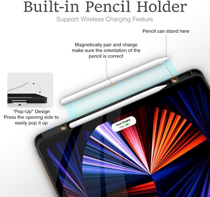 Premium PU Leather Case for iPad Pro 12.9 Inch (M2, 3rd/4th/5th/6th Gen) Multi-Angle Folio Cover with Pencil Holder & Card Pocket, Auto Wake/Sleep Slim Protective Tablet Case, Black