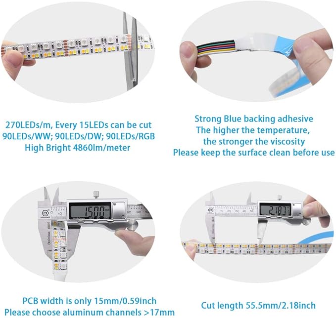 Brightest RGB+CCT Flexible led Strip Lights 270LEDs/Meter 5050 RGB + 2835 Warm White Daylight White Double Row Super Bright RGBWW Non-Waterproof Flexible LED Tape Light(DC24V 5meter/16.4ft)
