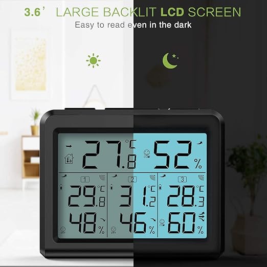 KeeKit Indoor Outdoor Thermometer, Temperature Humidity Monitor with 3 Wireless Sensors, Hygrometer Meter Gauge with LCD Backlight, Min/Max Record for Home, Office, Restaurants, Bars – Black