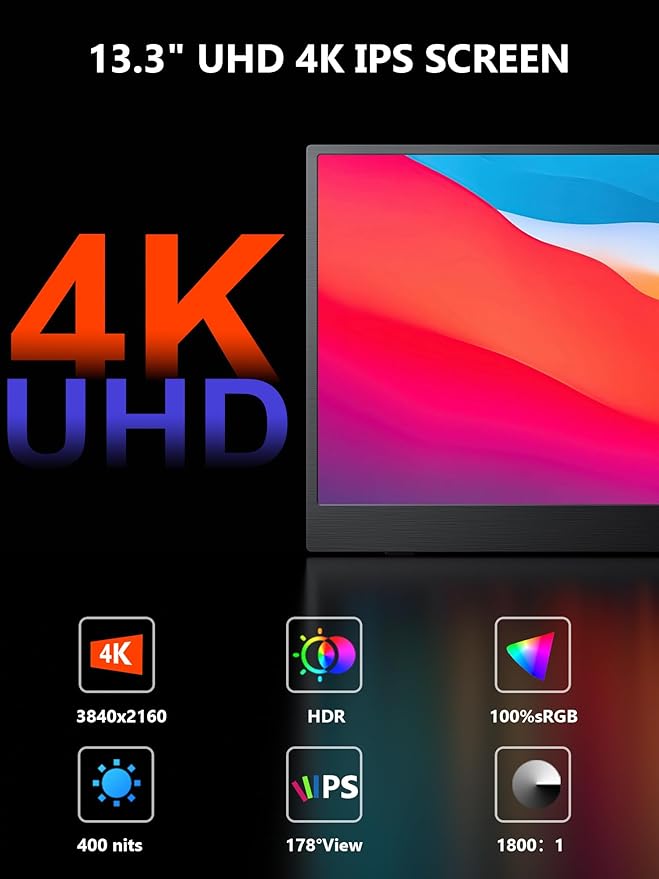 4K Portable Monitor, 13.3" UHD IPS Portable Laptop Screen, Second Screen Dual USB C HDMI Computer Gaming Display with Speakers, Travel Monitor for PC Phone PS4/5 Xbox Switch