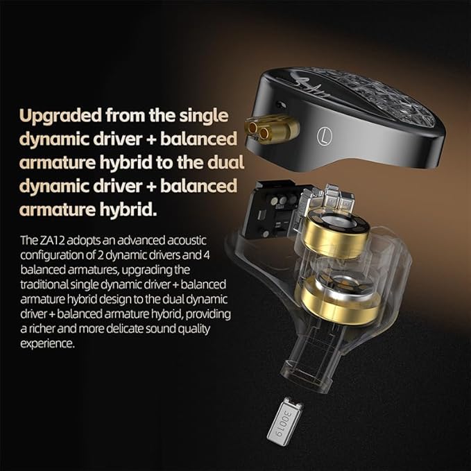 KZ ZA12 in Ear Monitor, 2DD+4BA Hybrid Wired Earbuds, KZ in Ear Monitor, Gaming Earbuds, Crystal Clear IEM Earphones, Silver-Plated IEM Cable for Audiophile Enthusiasts (No Microphone, Matte Black)
