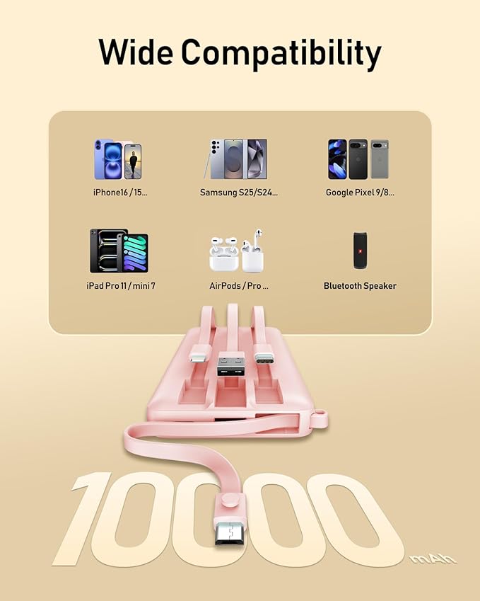 VEEKTOMX Portable Charger Built-in Cables, Power Bank for iPhone, Fast Charge USB C Battery Pack Travel Essentials Powerbank Compatible with iPhone 17/16/15/14, Samsung S25/24