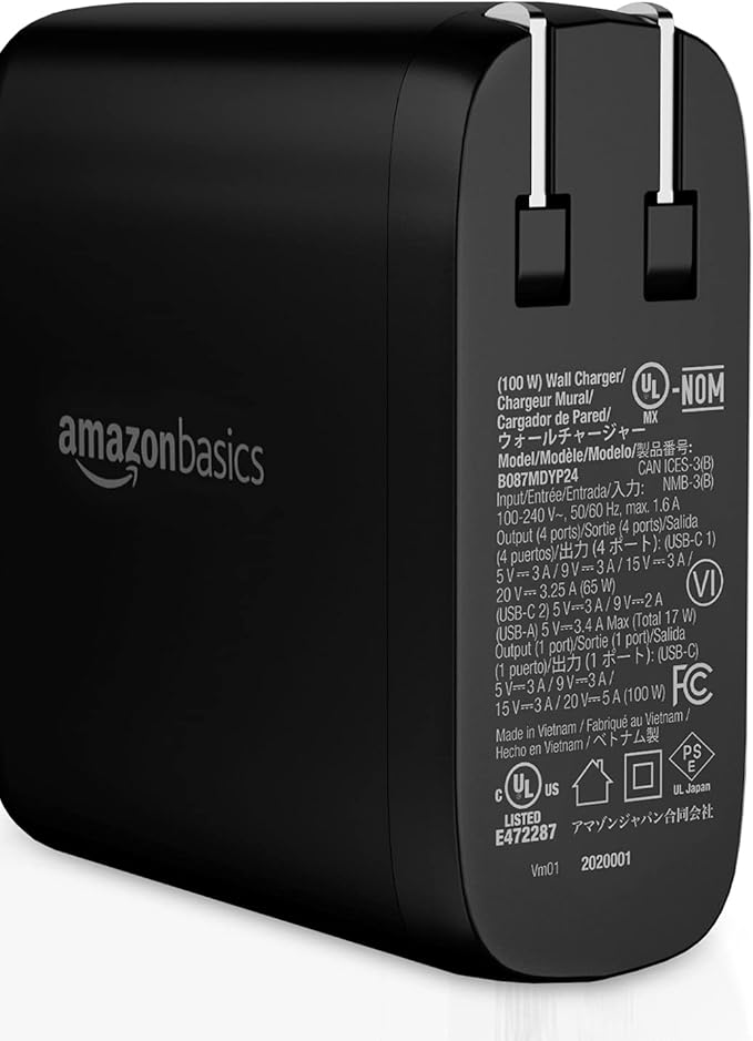 Amazon Basics 100W Four-Port GaN Wall Charger with 2 USB-C (100W, 18W) & 2 USB-A Ports (12W), PD 3.0, Foldable Plug, Portable Multi-Device Charging for Laptops, Tablets & Phones, Black