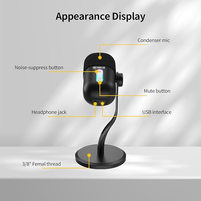 TOALLIN CM60 - USB Condenser Microphone for Recording, Streaming, Podcasting, Meetings on Teams, Zoom, OBS, Twitch, YouTube, Noise Reduction & Mute, Works with Laptop/PC/Tablet/Cellphone, Black