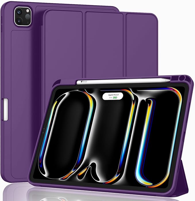 ZryXal New iPad Pro 13 Inch Case (M5) 2025 / (M4) 2024 with Pencil Holder, Smart iPad Case [Support Pencil Pro and Pencil (USB-C)], Support Touch ID and Auto Wake/Sleep (New Dark Purple)