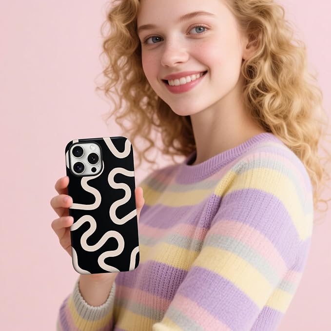 Magnetic for iPhone 15 Pro Case Cute Curved Stripes Phone Case, Shockproof Slim TPU and Hard PC Protective Phone Cover Compatible with MagSafe Designed for Women Girls,Black