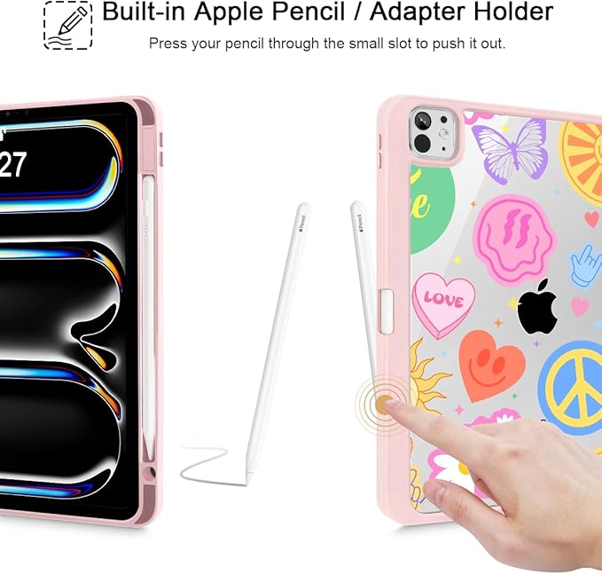 May Chen for iPad Pro 13 Inch Case M5 2025 / M4 2024, Built Pencil Holder & Clear Transparent Print Back Shell Slim Stand Shockproof Tablet Cover, Auto Wake/Sleep, Smile Art