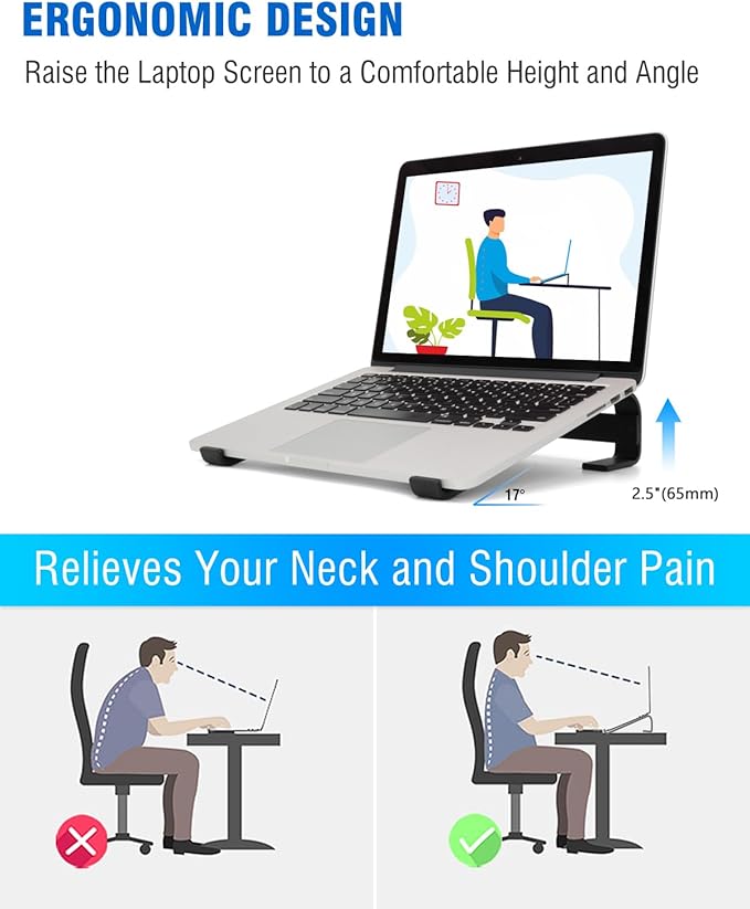 Ventilated Laptop Stand for Desk, Ergonomic Aluminum Laptop Riser, Computer Stand for Laptop, Compatible with MacBook Air Pro, Dell, HP, More 11-17.3 Inches Notebook, Work from Home (Black)
