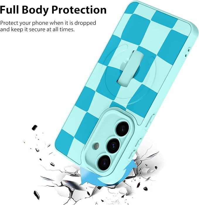 KANGHAR Compatible with Samsung Galaxy S26 Case, Support for MagSafe, Silicone Checkered Cute Pattern, Wristband Kickstand Camera Protection Soft Slim Cover for Girls Women -Blue