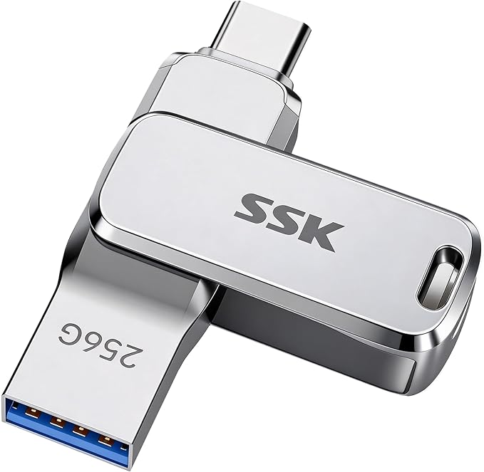 SSK 256GB Dual USB Flash Drive USB C Thumb Drive, up to 220 MB/s Type-C and USB-A 3.2 FlashDrive Memory Stick, Zinc Pendrive for iPhone 15/16Pro/Win/Android OTG