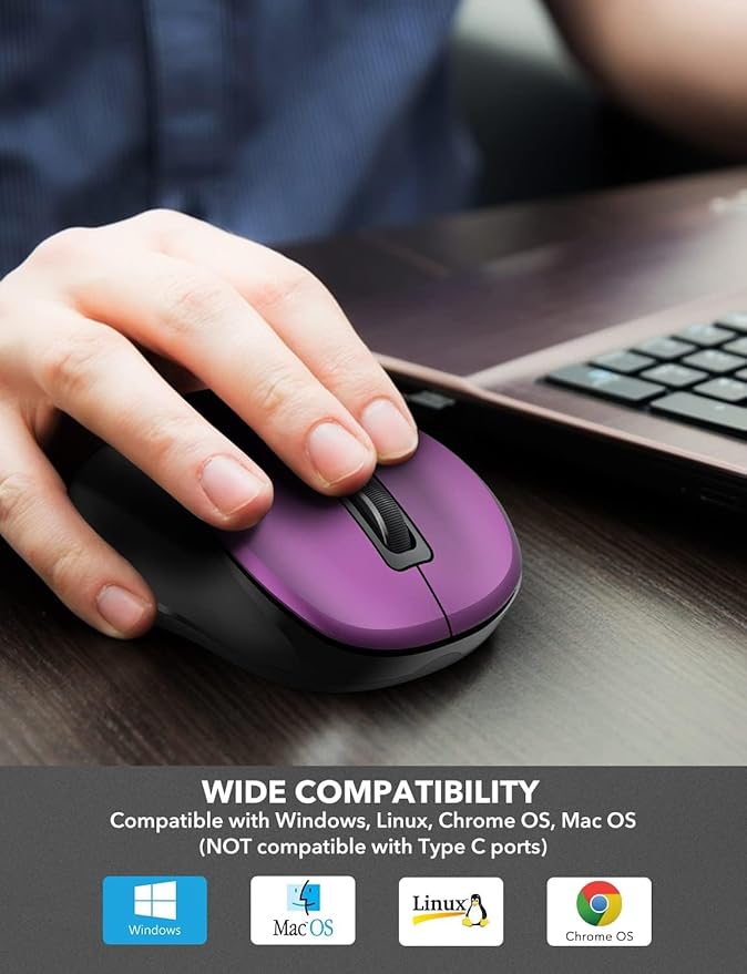 Trueque Wireless Mouse for Laptop, 2.4GHz Ergonomic Computer Mouse with Back & Forward Buttons, 3 Adjustable DPI Levels, 6 Buttons, Optical USB Cordless Mice for Windows PC (Purple, 1 Pack)