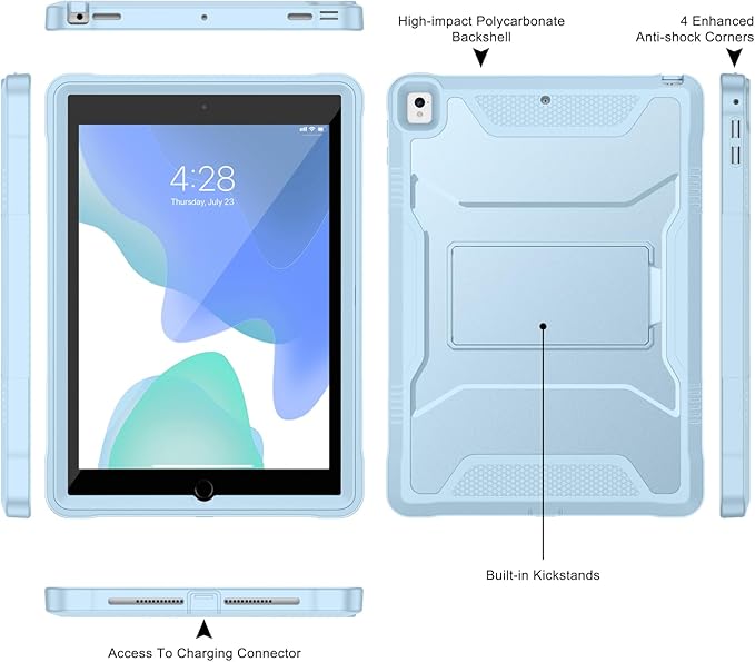 Soke Case for iPad 6th/5th Generation 9.7 Inch 2018/2017,with Built-in Screen Protector and Kickstand, Rugged Full-Body Heavy Duty Protective Cover for Apple iPad Air 2 /Pro 9.7 - Ice Blue