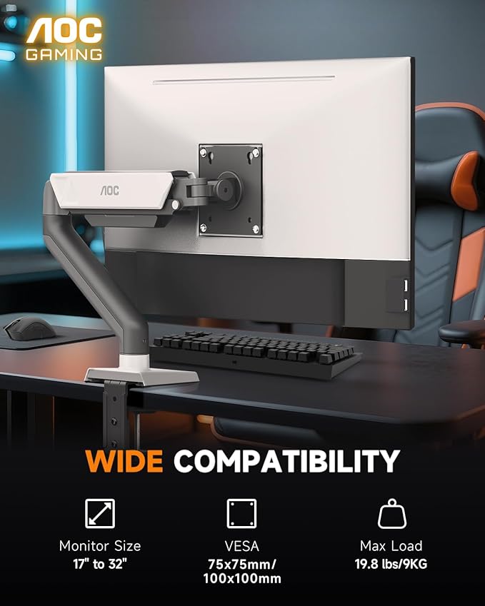 AOC Monitor Mount, Adjustable Single Monitor Arm for 17–32 Inch Screens, Fits 4.4–19.8lbs, Cable Management, VESA 75x75/100x100, C-Clamp & Grommet Base
