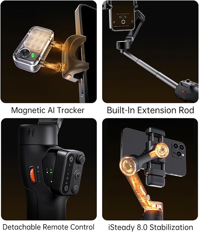 Hohem iSteady V3 Gimbal Stabilizer, Magnetic AI Tracking, Removable Remote, 3-Axis Smartphone Gimbal with Built-in Telescopic Rod and Tripod, Perfect for Content Creators (White)