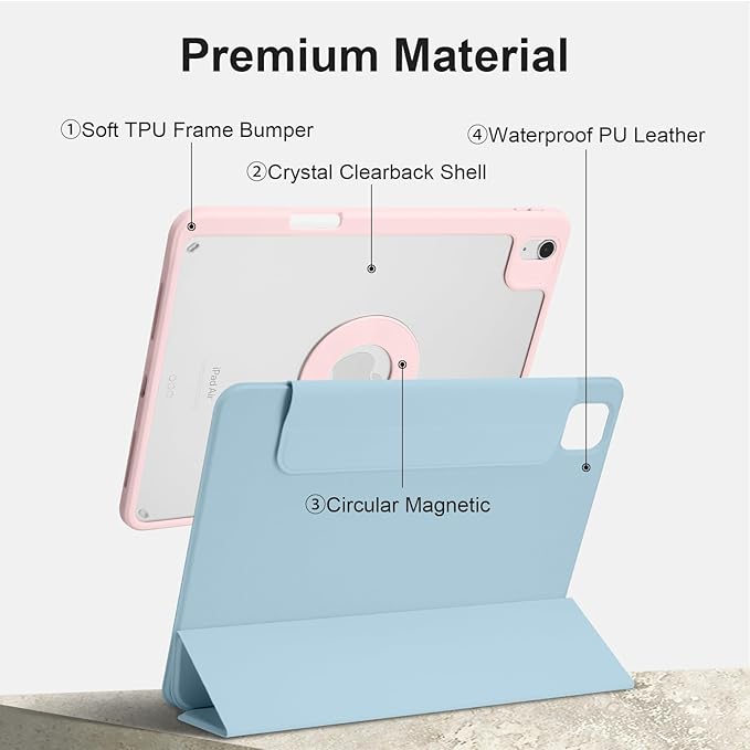 Case for iPad Air 13 Inch M4/M3/M2 2026/2025/2024, iPad Pro 12.9" 6th/5th Gen. 2022/2021 with Pencil Holder,Vertical Stand,Detachable Magnetic Trifold Stand Case,Auto Wake/Sleep,Ice Blue+Pink
