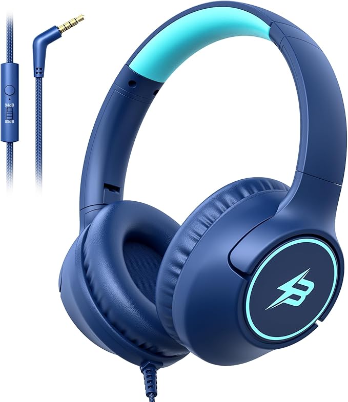 Kids Headphones Wired for School, 85/94dB Volume Limit, Wired Over Ear Headphones for Kids Boys Girls with Microphone, Stereo Sound 3.5mm Cord for Kindle Tablet Airplane Travel, Navy Blue