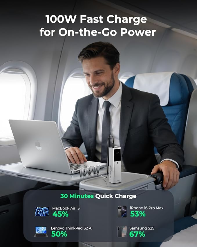 TALIX 125W Power Bank, 12800mAh Portable Laptop Charger with 240W USB-C Cable and 3-Port, PD Fast Charging Battery Pack for Laptop/Lenovo/Dell/MacBook/iPhone 17/Moto/Samsung S26, TSA Approved