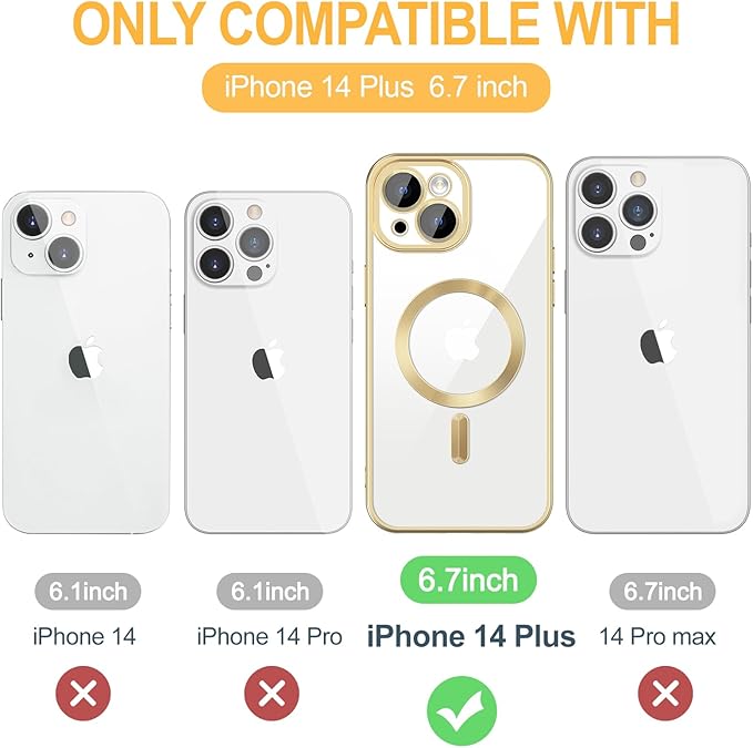Hython Magnetic Clear for iPhone 14 Plus Case with Camera Lens Protector [Compatible with MagSafe] Luxury Plating Edge Slim Soft TPU Cover Protective Phone Case for iPhone 14 Plus 6.7", Matte Gold