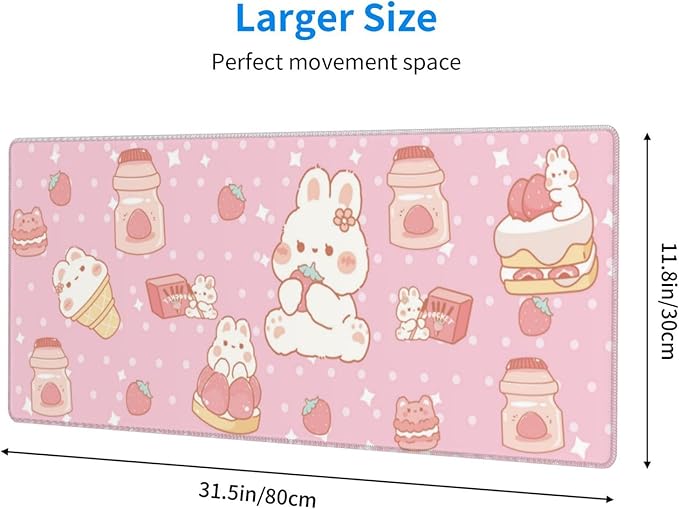 Kawaii Rabbit Strawberry Gaming Mouse Pad Extended Large Mouse Mat 31.5 X 11.8 Inch Nonslip Rubber Base Long Desk Pad Stitched Edges Mousepad Mice Pad for Office Home Game