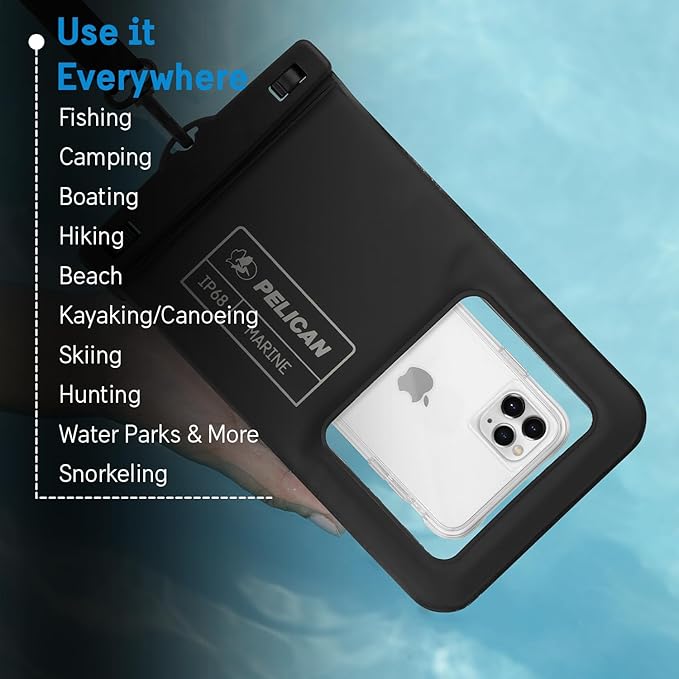 Pelican 2 Pack Marine - IP68 Waterproof Phone Pouch (XL Size) Floating Waterproof Phone Case - Beach Cruise Ship Travel Essentials - Works with All Phones - Detachable Lanyard - Stealth Black