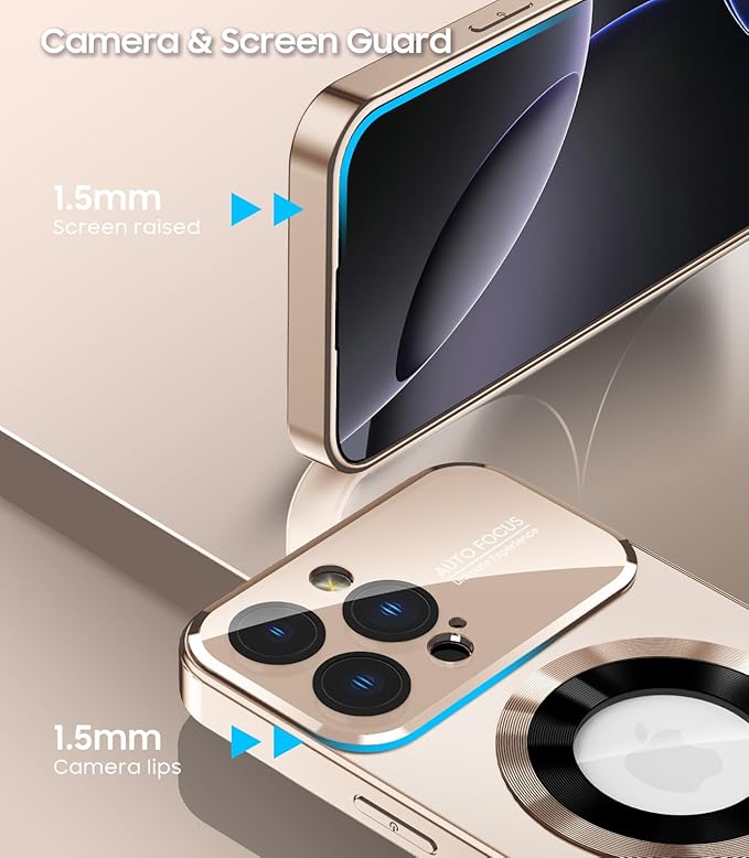 MAKAVO Magnetic for iPhone 16 Pro Case, Compatible with MagSafe, Built-in Camera Lens Protector, Logo View, Military Grade Drop Protection Phone Cover, Desert Titanium