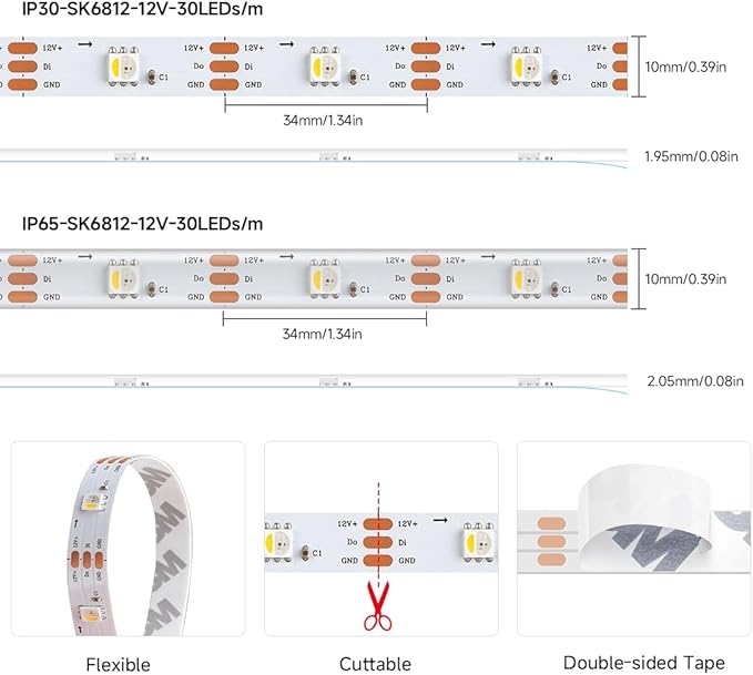 BTF-LIGHTING SK6812(Similar WS2812B) UL Listed RGBW RGB+Cool White(6000K) Individually Addressable DC12V 16.4FT 30LED/m 4 Colors in 1 Light Dream LED Strip IP65 White PCB(No Adapter or Controller)
