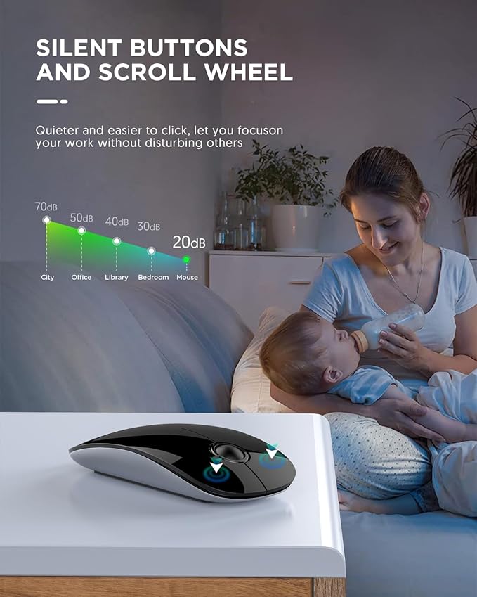 RAPIQUE Bluetooth Wireless Mouse - (BT5.1+USB) Slim Dual Mode Computer Mice with Quiet Click, Low Power, and 1600 DPI, Portable Mouse for MacBook, Laptop, iPad Pro/Air, Surface Pro (Black)