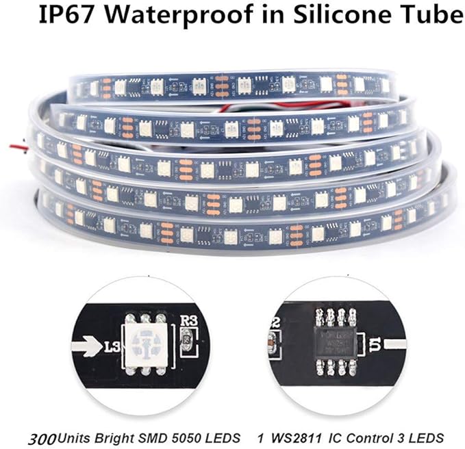 WS2811 LED Strip 16.4ft 5M 300LEDs WS2811 5050 RGB SMD Digital Dream Color Addressable Flexible LED Strip Light IP67 Waterproof DC12V with Mini Controller