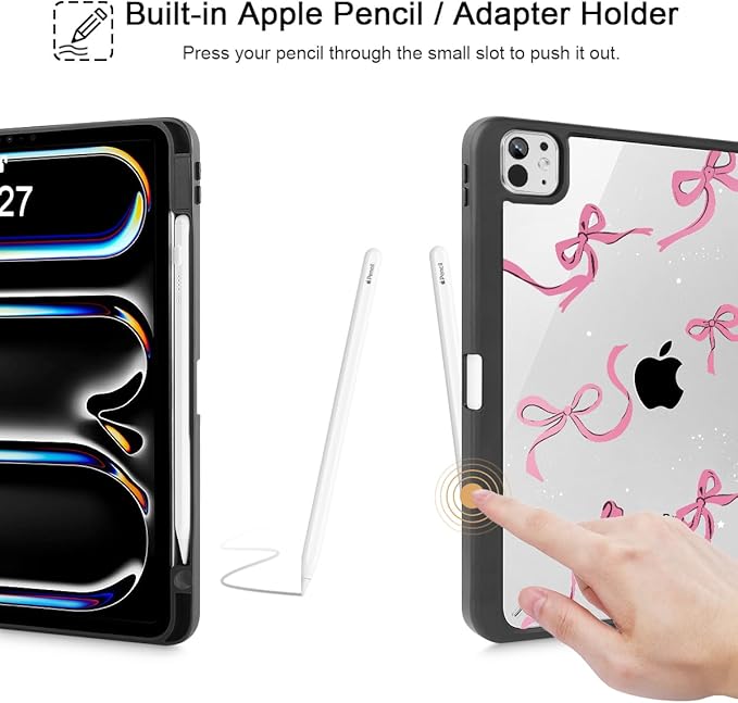 May Chen for iPad Pro 13 Inch Case M5 2025 / M4 2024, Built Pencil Holder & Clear Transparent Print Back Shell Slim Stand Shockproof Tablet Cover, Auto Wake/Sleep, Black Bows