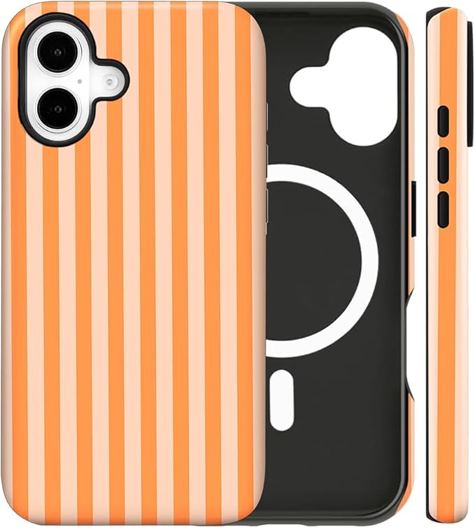 Magnetic for iPhone 16 Plus Case Cute Stripes Phone Case, Shockproof Slim TPU and Hard PC Protective Phone Cover Compatible with MagSafe Designed for Women Girls, Orange