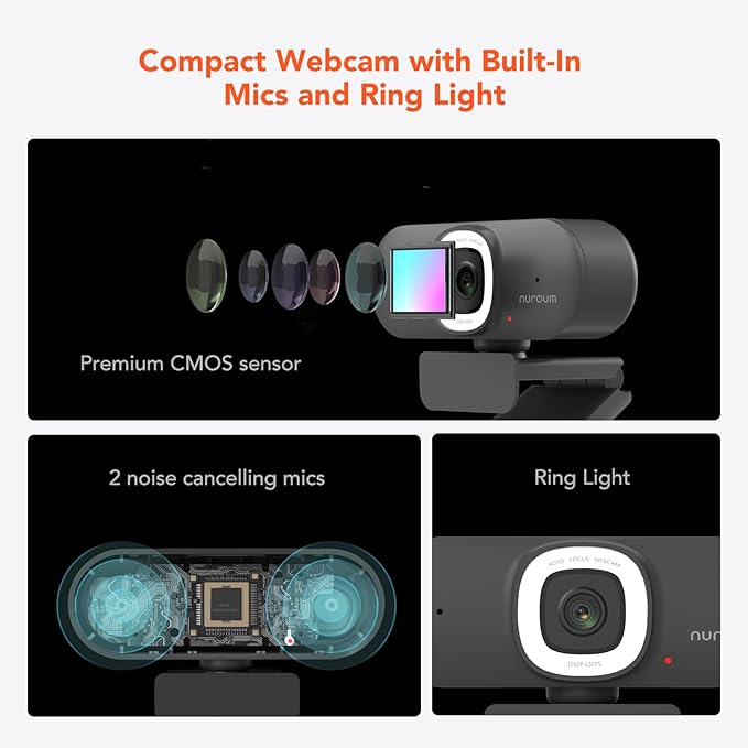 NUROUM V15-AFL Streaming Webcam with Ring Light, Autofocus Webcam for PC w/Dual Mic, 1080P 60fps, 75° FOV&Light Correction, USB Web Camera Plug&Play for Zoom/Teams/OBS/Xsplit, Streaming, Grey
