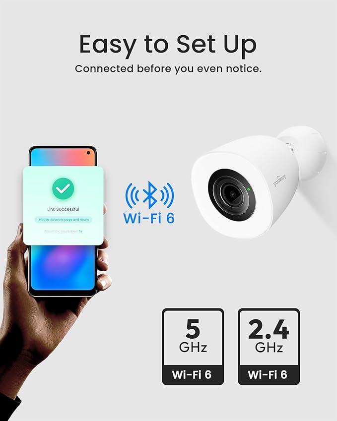 youkey 2.5K Wired Security Camera Outdoor, F1.0 Color24 Night Vision, Plug-in Cameras for Home Security Outside, 24/7 Continuous Recording, 130°FOV, 2.4/5GHz WiFi 6, Bluetooth Pairing, No Monthly Fees