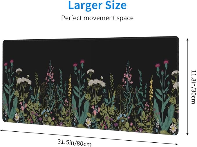 Weeds Flowers Large Gaming Mouse Pad Desk Mat, Cute Funny Gifts Big Keyboard Pad with Stitched Edges for Laptop, XL Long Extended Full Non-Slip Base Mousepad for Women Office Decor Black 31.5*11.8 In