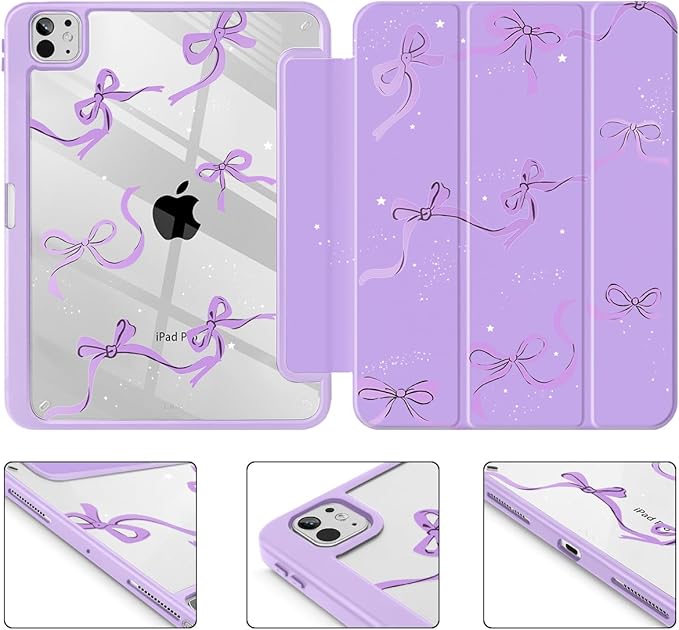 May Chen for iPad Pro 13 Inch Case M5 2025 / M4 2024, Built Pencil Holder & Clear Transparent Print Back Shell Slim Stand Shockproof Tablet Cover, Auto Wake/Sleep, Purple Bows