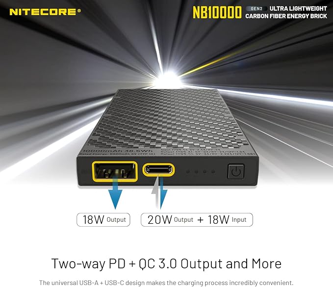 Nitecore NB10000 Gen II (Gen 2) Ultra-Slim Power Bank, 10000mAh QC Quick-Charge USB and USB-C Dual Outputs with Cables for Phones, Flashlights and Headlamps, Dual Cable Bundle
