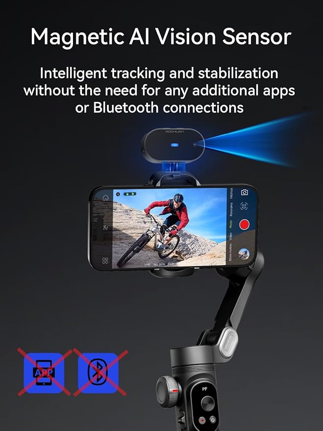 AOCHUAN Gimbal Stabilizer for iPhone with AI Vision Sensor for Face Tracking, 3-Axis Phone Gimbal w/OLED Display for Vlog Recording, Compatible with iPhone/Android-Smart XPro AI Black