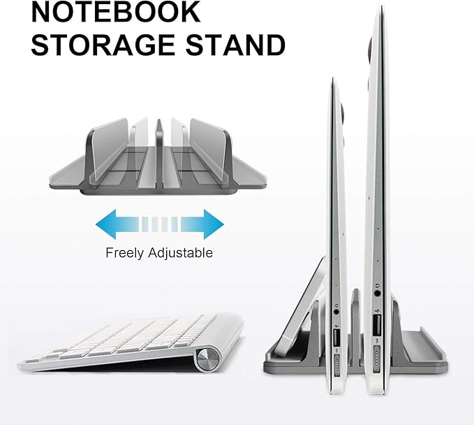 Vertical Laptop Stand Aluminum Heavy Duty, 4 Slots Double Adjustable MacBook Stands Laptop Holder Compatible w' All iPad Surface Dell Samsung HP Chromebook Upto 17.5' - Gray