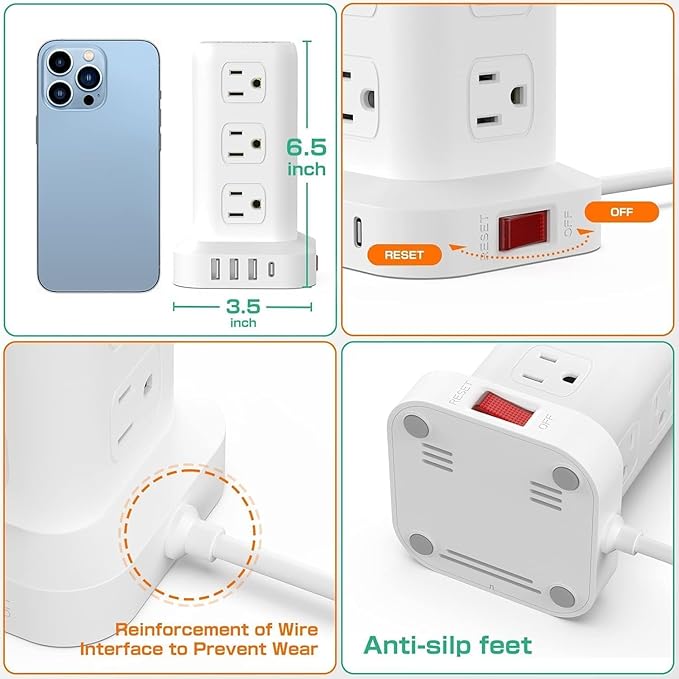PD20W Power Strip Tower Surge Protector,16.5FT Extension Cord,Power Strip with USB 12 Outlets with 4 USB Ports (1 USB C), Flat Plug Multi Plug Outlet Extender Overload Protection for Home Office
